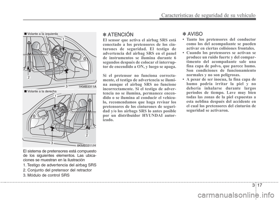 Hyundai Grand i10 2016 Manual del propietario (in Spanish) 317
Características de seguridad de su vehículo
El sistema de pretensores está compuesto
de los siguientes elementos. Las ubica-
ciones se muestran en la ilustración
1. Testigo de advertencia del Hyundai Grand i10 2016 Manual del propietario (in Spanish) 317
Características de seguridad de su vehículo
El sistema de pretensores está compuesto
de los siguientes elementos. Las ubica-
ciones se muestran en la ilustración
1. Testigo de advertencia del