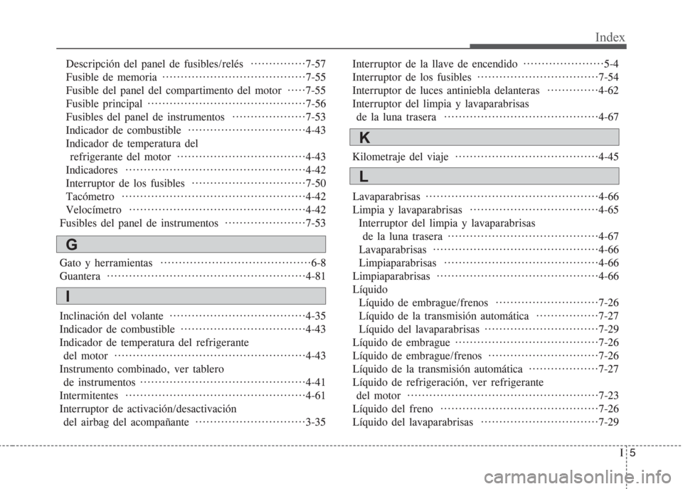 Hyundai Grand i10 2016  Manual del propietario (in Spanish) I5
Index
Descripción del panel de fusibles/relés  ···············7-57
Fusible de memoria  ·······································7-55
Fusible de