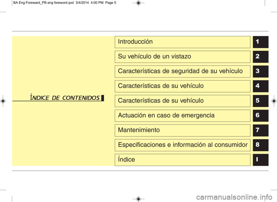 Hyundai Grand i10 2016  Manual del propietario (in Spanish) 1
2
3
4
5
6
7
8
I
Introducción
Su vehículo de un vistazo
Características de seguridad de su vehículo
Características de su vehículo
Características de su vehículo
Actuación en caso de emergen
