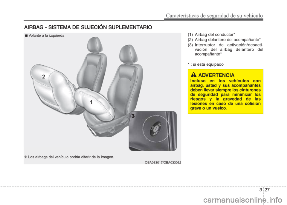 Hyundai Grand i10 2016  Manual del propietario (in Spanish) 327
Características de seguridad de su vehículo
(1) Airbag del conductor*
(2) Airbag delantero del acompañante*
(3) Interruptor de activación/desacti-
vación del airbag delantero del
acompañante