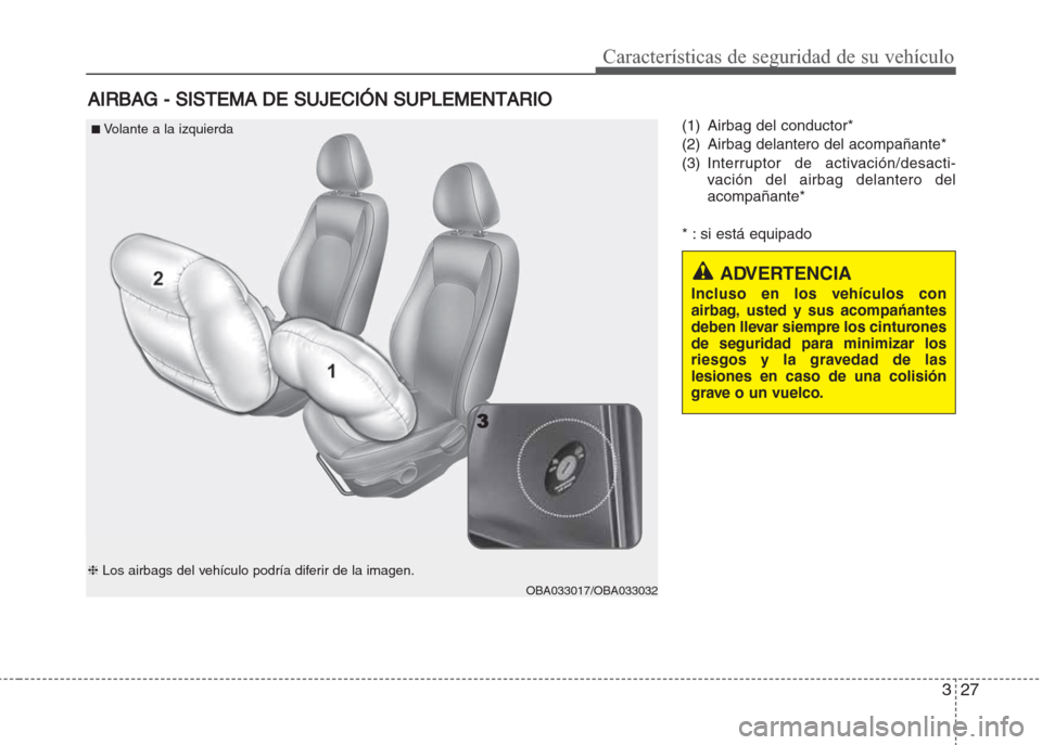 Hyundai Grand i10 2016 Manual del propietario (in Spanish) 327
Características de seguridad de su vehículo
(1) Airbag del conductor*
(2) Airbag delantero del acompañante*
(3) Interruptor de activación/desacti-
vación del airbag delantero del
acompañante Hyundai Grand i10 2016 Manual del propietario (in Spanish) 327
Características de seguridad de su vehículo
(1) Airbag del conductor*
(2) Airbag delantero del acompañante*
(3) Interruptor de activación/desacti-
vación del airbag delantero del
acompañante