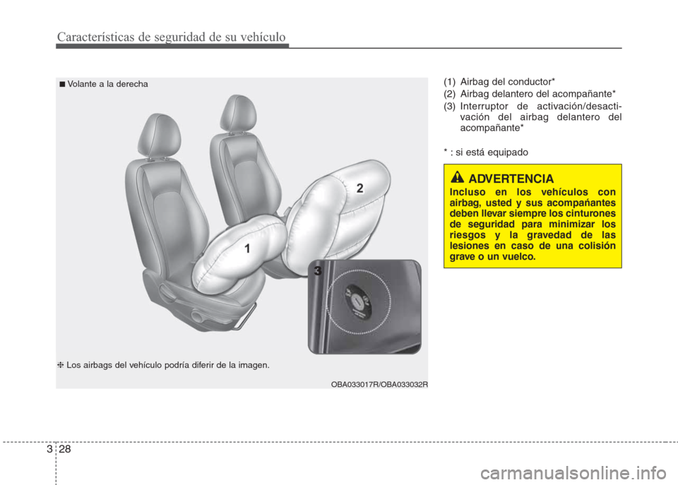 Hyundai Grand i10 2016  Manual del propietario (in Spanish) Características de seguridad de su vehículo
28 3
(1) Airbag del conductor*
(2) Airbag delantero del acompañante*
(3) Interruptor de activación/desacti-
vación del airbag delantero del
acompañant