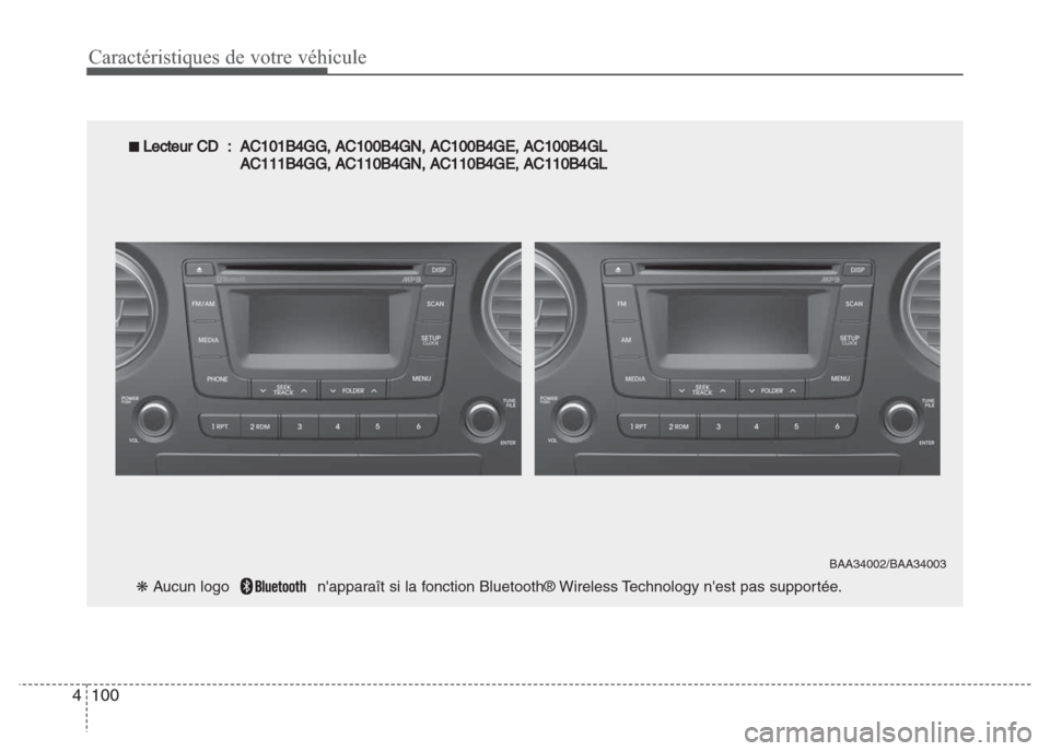 Hyundai Grand i10 2016  Manuel du propriétaire (in French) Caractéristiques de votre véhicule
100 4
■ Lecteur CD  :  AC101B4GG, AC100B4GN, AC100B4GE, AC100B4GL
AC111B4GG, AC110B4GN, AC110B4GE, AC110B4GL
❋ Aucun logo   napparaît si la fonction Bluetoot