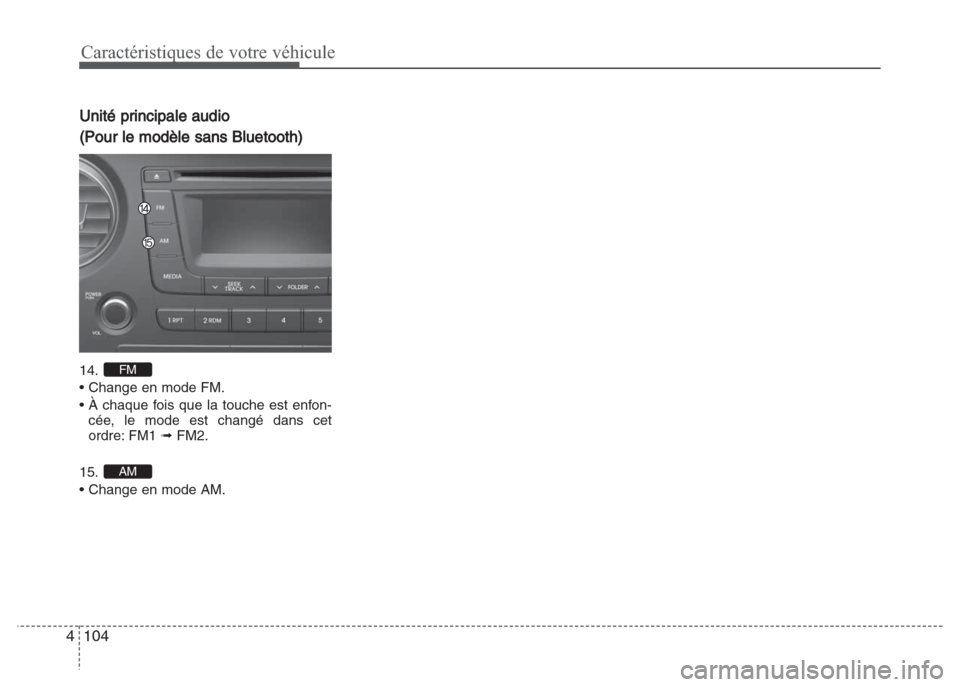 Hyundai Grand i10 2016  Manuel du propriétaire (in French) Caractéristiques de votre véhicule
104 4
Unité principale audio
(Pour le modèle sans Bluetooth)
14. 
• Change en mode FM.
• À chaque fois que la touche est enfon-
cée, le mode est changé da