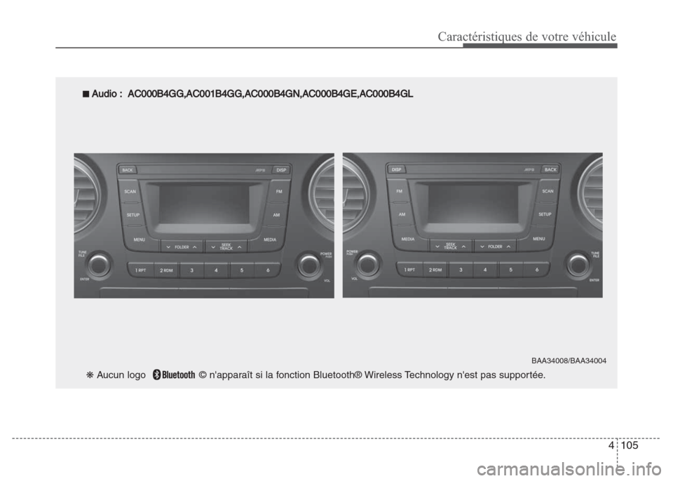 Hyundai Grand i10 2016  Manuel du propriétaire (in French) 4105
Caractéristiques de votre véhicule
■ Audio:  AC000B4GG,AC001B4GG,AC000B4GN,AC000B4GE,AC000B4GL
BAA34008/BAA34004
❋ Aucun logo   © napparaît si la fonction Bluetooth® Wireless Technology