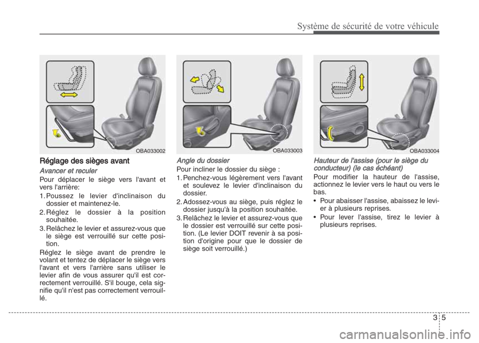 Hyundai Grand i10 2016  Manuel du propriétaire (in French) 35
Système de sécurité de votre véhicule
Réglage des sièges avant
Avancer et reculer
Pour déplacer le siège vers lavant et
vers larrière:
1. Poussez le levier dinclinaison du
dossier et ma