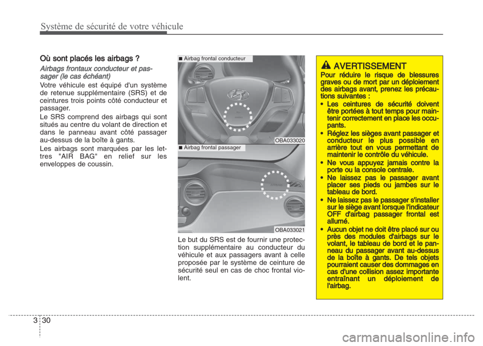 Hyundai Grand i10 2016  Manuel du propriétaire (in French) Système de sécurité de votre véhicule
30 3
Où sont placés les airbags ?
Airbags frontaux conducteur et pas-
sager (le cas échéant)
Votre véhicule est équipé dun système
de retenue supplé