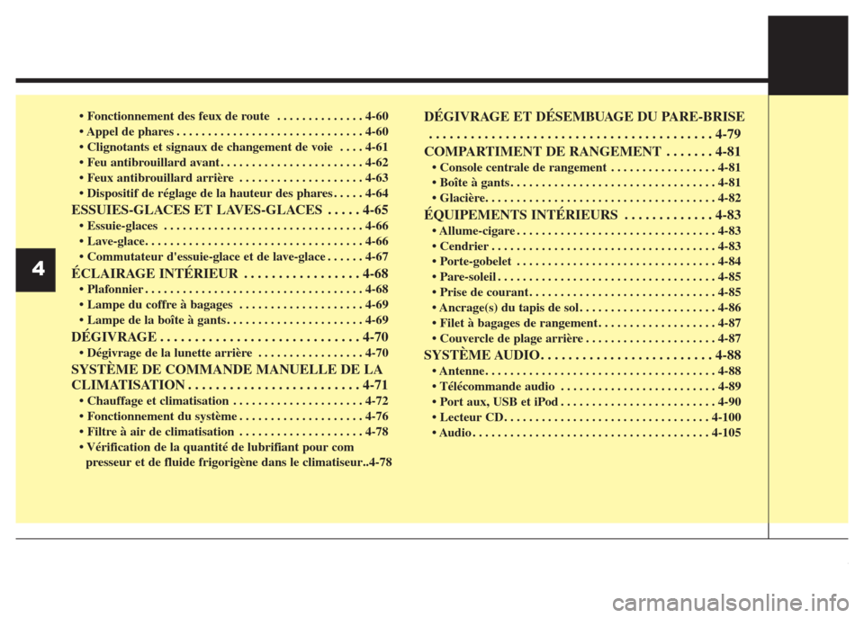Hyundai Grand i10 2016  Manuel du propriétaire (in French) • Fonctionnement des feux de route . . . . . . . . . . . . . . 4-60
• Appel de phares . . . . . . . . . . . . . . . . . . . . . . . . . . . . . . 4-60
• Clignotants et signaux de changement de v