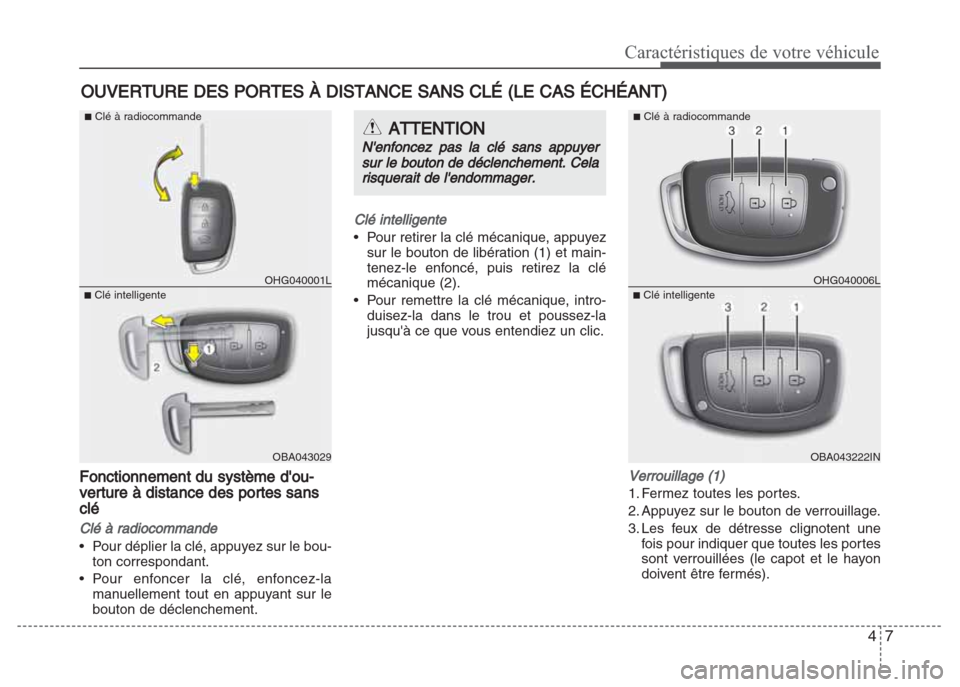 Hyundai Grand i10 2016  Manuel du propriétaire (in French) 47
Caractéristiques de votre véhicule
Fonctionnement du système dou-
verture à distance des portes sans
clé
Clé à radiocommande
• Pour déplier la clé, appuyez sur le bou-
ton correspondant