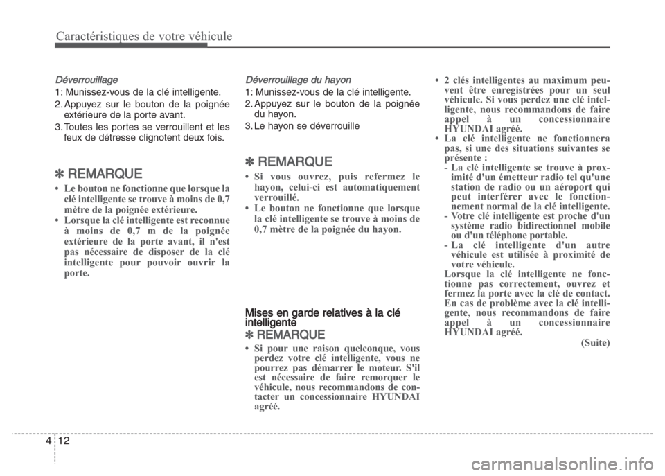 Hyundai Grand i10 2016  Manuel du propriétaire (in French) Caractéristiques de votre véhicule
12 4
Déverrouillage
1: Munissez-vous de la clé intelligente.
2. Appuyez sur le bouton de la poignée
extérieure de la porte avant.
3. Toutes les portes se verro