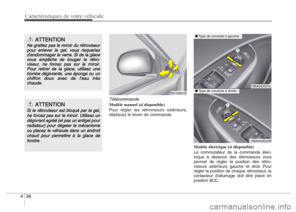 Hyundai Grand i10 2016  Manuel du propriétaire (in French) Caractéristiques de votre véhicule
38 4
Télécommande
Modèle manuel (si disponible)
Pour régler les rétroviseurs extérieurs,
déplacez le levier de commande.
Modèle électrique (si disponible)