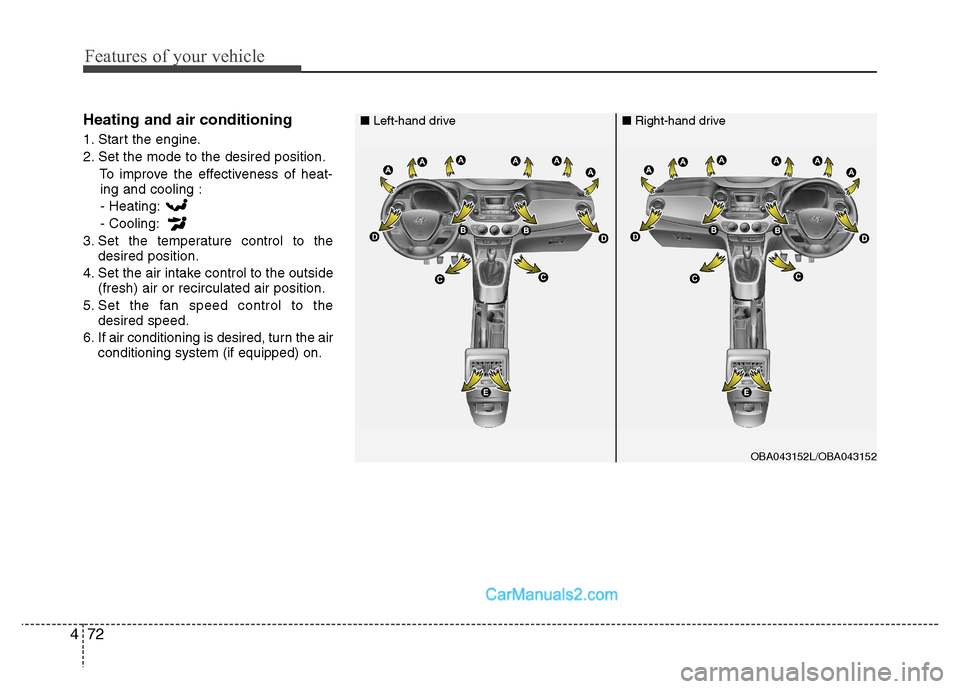 Hyundai Grand i10 2015  Owners Manual Features of your vehicle
72
4
Heating and air conditioning 
1. Start the engine. 
2. Set the mode to the desired position.
To improve the effectiveness of heat-ing and cooling :
- Heating:- Cooling:
3