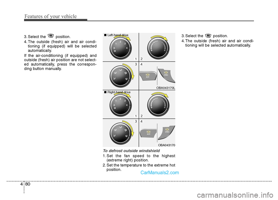 Hyundai Grand i10 2015  Owners Manual Features of your vehicle
80
4
3. Select the  position. 
4. The outside (fresh) air and air condi-
tioning (if equipped) will be selected 
automatically.
If the air-conditioning (if equipped) andoutsid