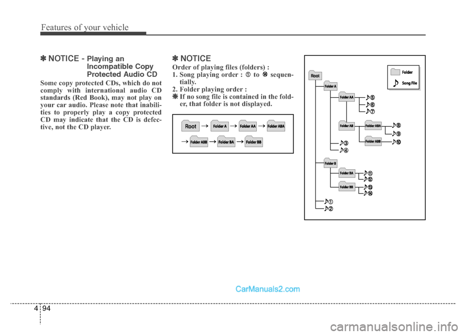 Hyundai Grand i10 2015  Owners Manual Features of your vehicle
94
4
✽✽
NOTICE -  Playing an 
Incompatible Copy
Protected Audio CD
Some copy protected CDs, which do not 
comply with international audio CD
standards (Red Book), may not 