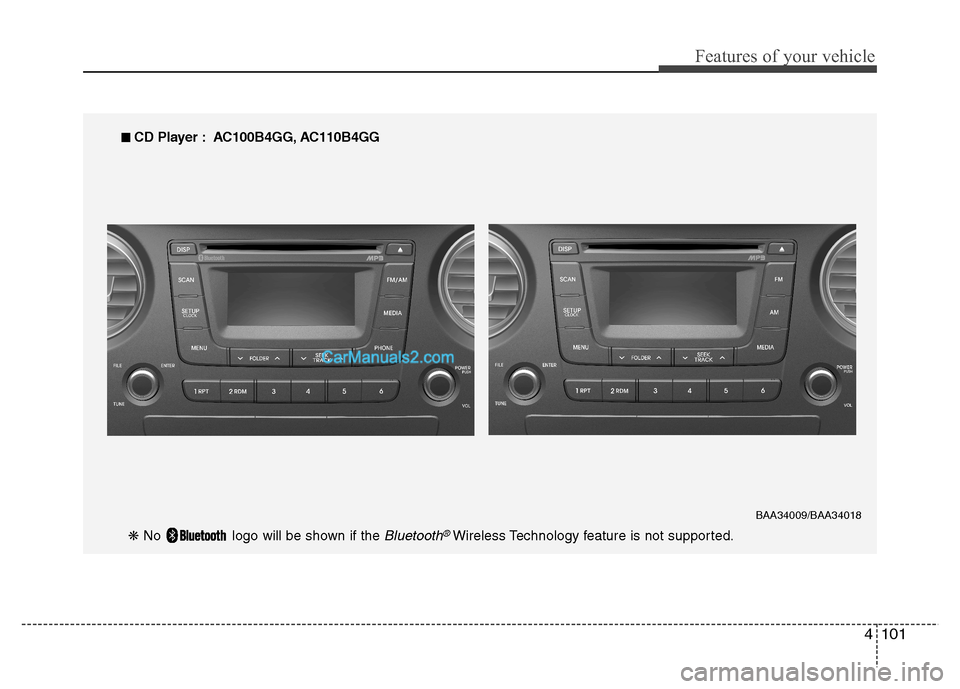 Hyundai Grand i10 2015  Owners Manual 4101
Features of your vehicle
■■  
CD Player : AC100B4GG, AC110B4GG
❋  No  logo will be shown if the 
Bluetooth®Wireless Technology feature is not supported.
BAA34009/BAA34018     