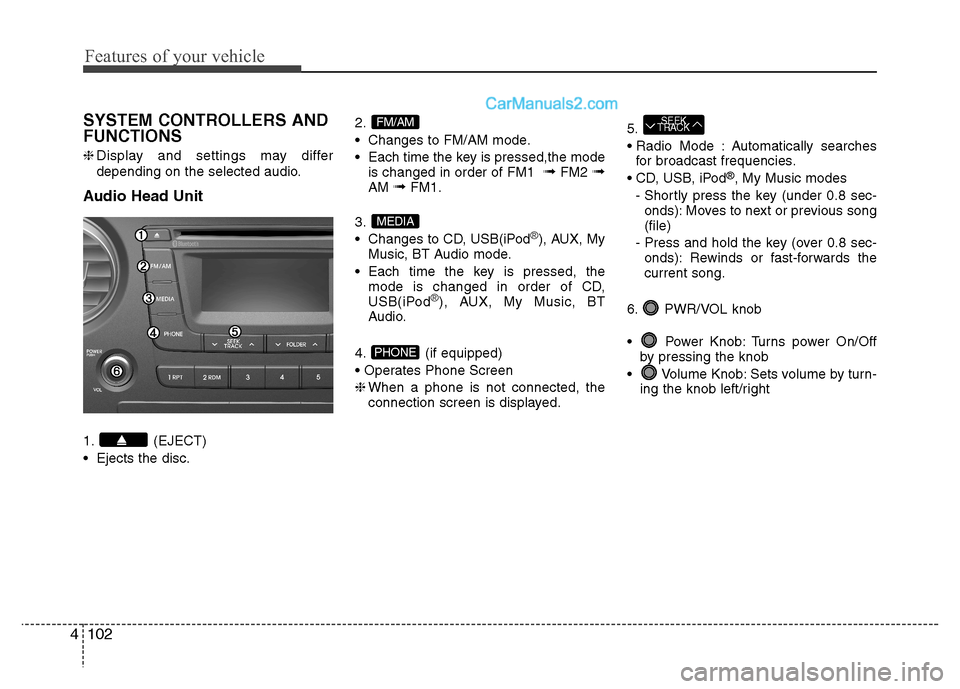 Hyundai Grand i10 2015 Owners Manual Features of your vehicle
102
4
SYSTEM CONTROLLERS AND FUNCTIONS ❈ Display and settings may differ
depending on the selected audio.
Audio Head Unit
1. (EJECT)
Ejects the disc. 2.
Changes to FM/AM Hyundai Grand i10 2015 Owners Manual Features of your vehicle
102
4
SYSTEM CONTROLLERS AND FUNCTIONS ❈ Display and settings may differ
depending on the selected audio.
Audio Head Unit
1. (EJECT)
Ejects the disc. 2.
Changes to FM/AM