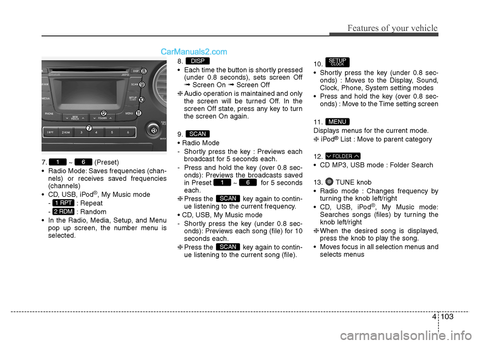 Hyundai Grand i10 2015 Owners Manual 4103
Features of your vehicle
7. ~ (Preset)
Radio Mode: Saves frequencies (chan-nels) or receives saved frequencies (channels)
CD, USB, iPod
®, My Music mode
- : Repeat
- : Random
In the Radio, Hyundai Grand i10 2015 Owners Manual 4103
Features of your vehicle
7. ~ (Preset)
Radio Mode: Saves frequencies (chan-nels) or receives saved frequencies (channels)
CD, USB, iPod
®, My Music mode
- : Repeat
- : Random
In the Radio,