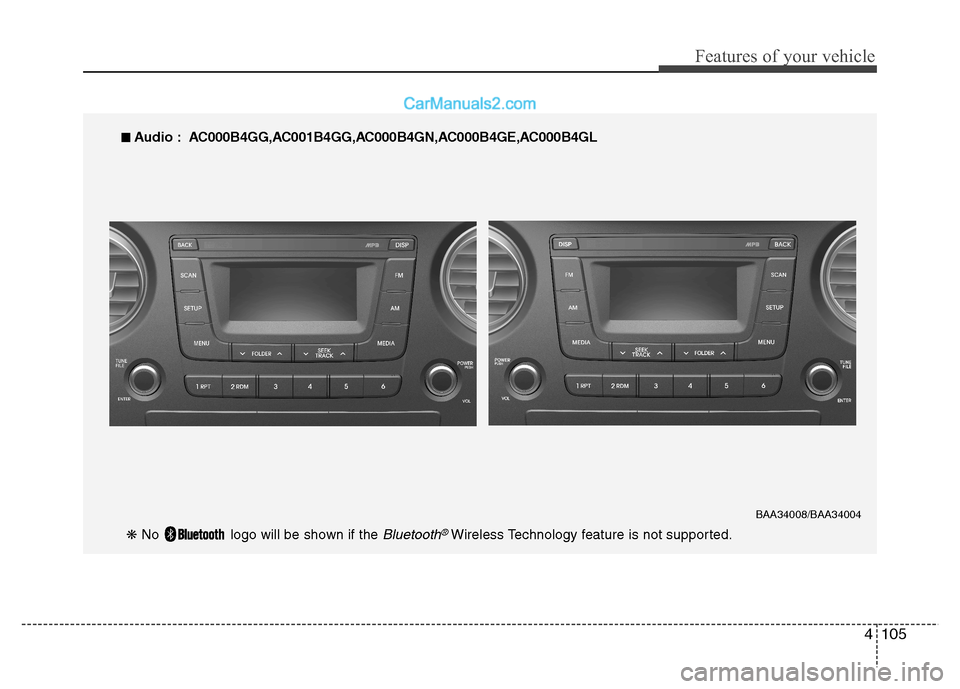 Hyundai Grand i10 2015  Owners Manual 4105
Features of your vehicle
■■  
Audio : A C000B4GG,AC001B4GG,AC000B4GN,AC000B4GE,AC000B4GL
BAA34008/BAA34004
❋ No  logo will be shown if the Bluetooth®Wireless Technology feature is not supp