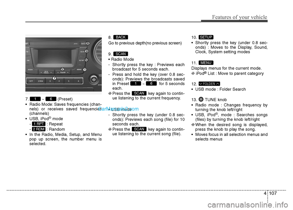 Hyundai Grand i10 2015 Owners Manual 4107
Features of your vehicle
7. ~ (Preset)
Radio Mode: Saves frequencies (chan-nels) or receives saved frequencies (channels)
USB, iPod
®mode
- : Repeat
- : Random
In the Radio, Media, Setup, a Hyundai Grand i10 2015 Owners Manual 4107
Features of your vehicle
7. ~ (Preset)
Radio Mode: Saves frequencies (chan-nels) or receives saved frequencies (channels)
USB, iPod
®mode
- : Repeat
- : Random
In the Radio, Media, Setup, a