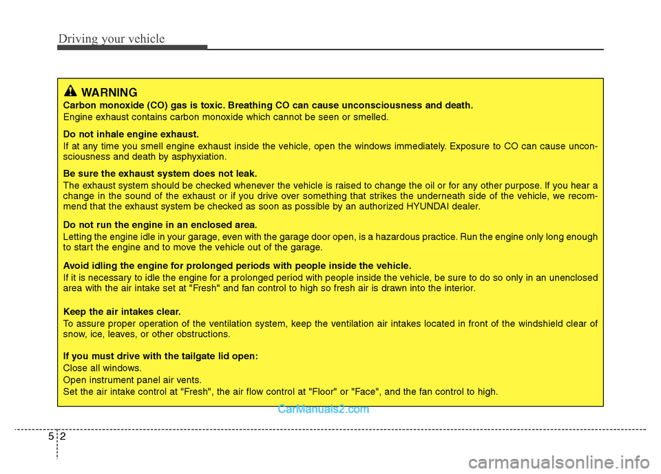 Hyundai Grand i10 2015 User Guide Driving your vehicle
2
5
WARNING
Carbon monoxide (CO) gas is toxic. Breathing CO can cause unconsciousness and death. 
Engine exhaust contains carbon monoxide which cannot be seen or smelled. 
Do not 