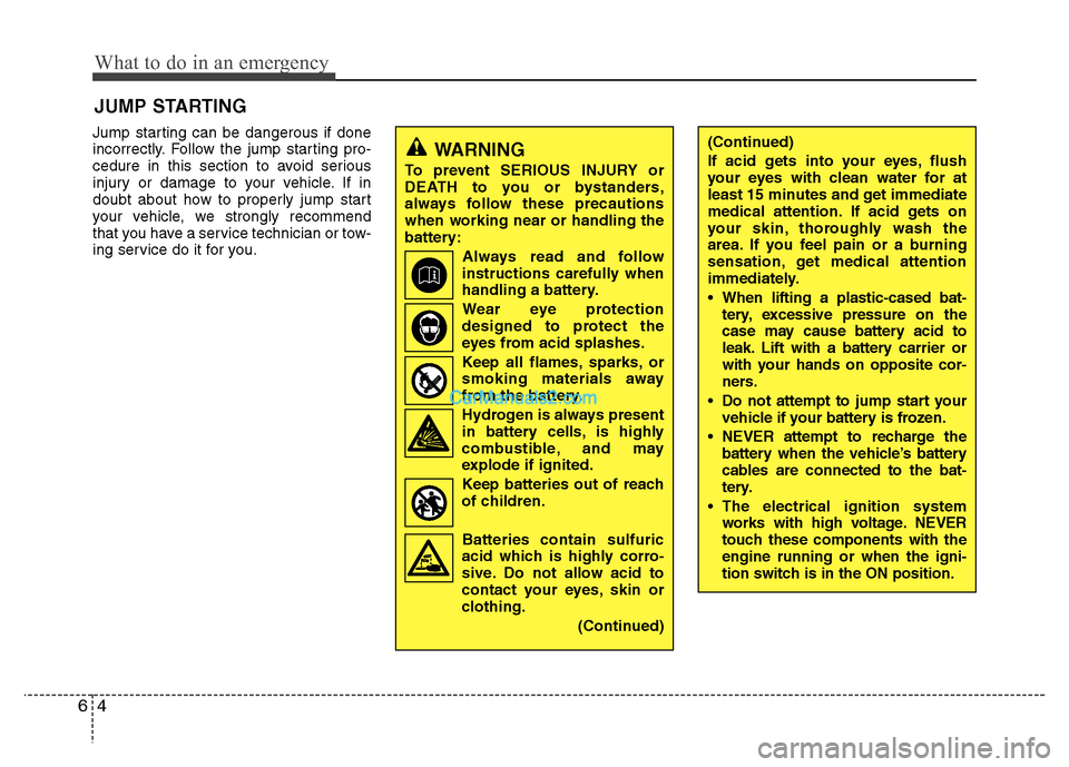 Hyundai Grand i10 2015  Owners Manual What to do in an emergency
4
6
JUMP STARTING 
Jump starting can be dangerous if done 
incorrectly. Follow the jump starting pro-
cedure in this section to avoid serious
injury or damage to your vehicl