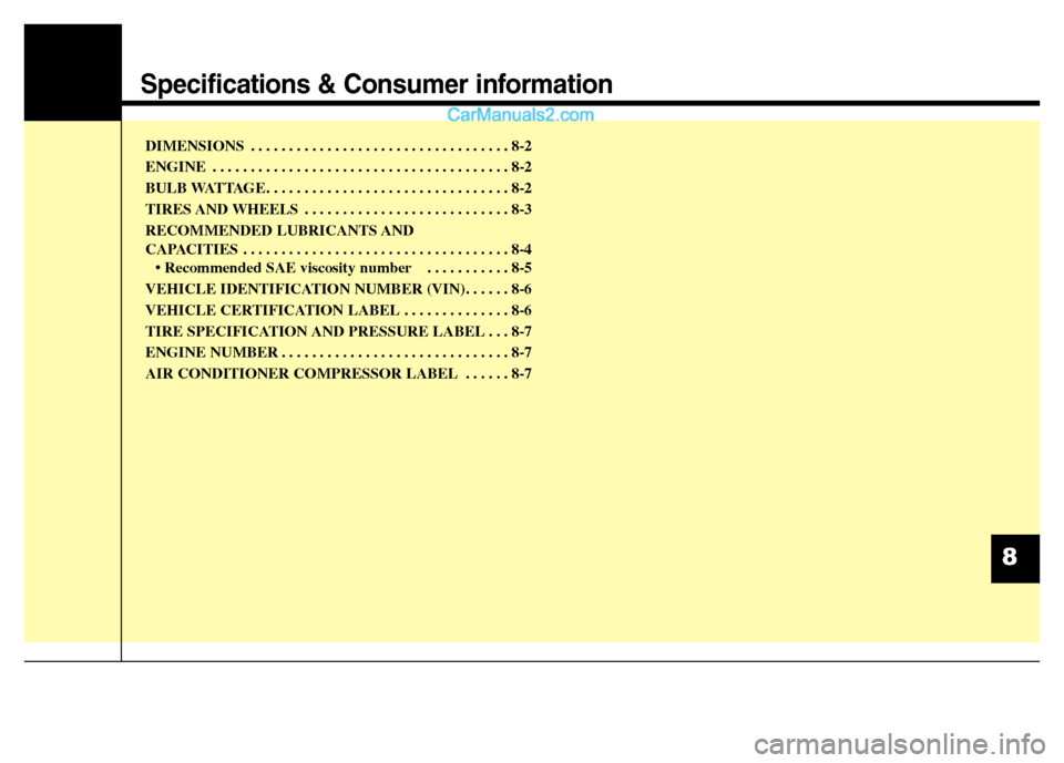 Hyundai Grand i10 2015  Owners Manual Specifications & Consumer information
DIMENSIONS . . . . . . . . . . . . . . . . . . . . . . . . . . . . . . . . . . 8-2 
ENGINE . . . . . . . . . . . . . . . . . . . . . . . . . . . . . . . . . . . .