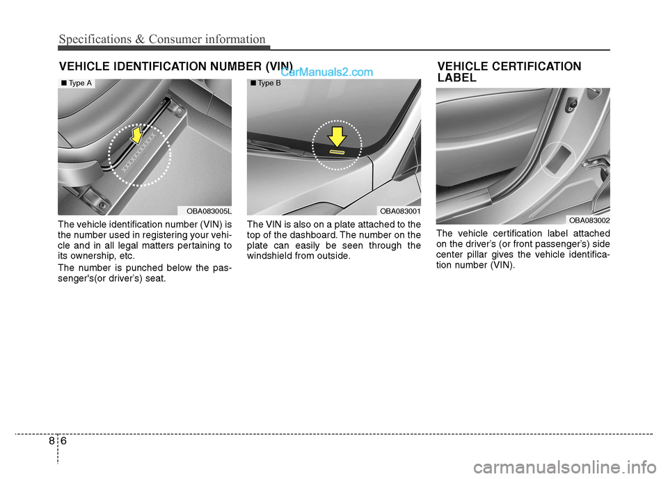 Hyundai Grand i10 2015 Owners Manual Specifications & Consumer information
6
8
VEHICLE IDENTIFICATION NUMBER (VIN)
The vehicle identification number (VIN) is
the number used in registering your vehi-
cle and in all legal matters pertain Hyundai Grand i10 2015 Owners Manual Specifications & Consumer information
6
8
VEHICLE IDENTIFICATION NUMBER (VIN)
The vehicle identification number (VIN) is
the number used in registering your vehi-
cle and in all legal matters pertain