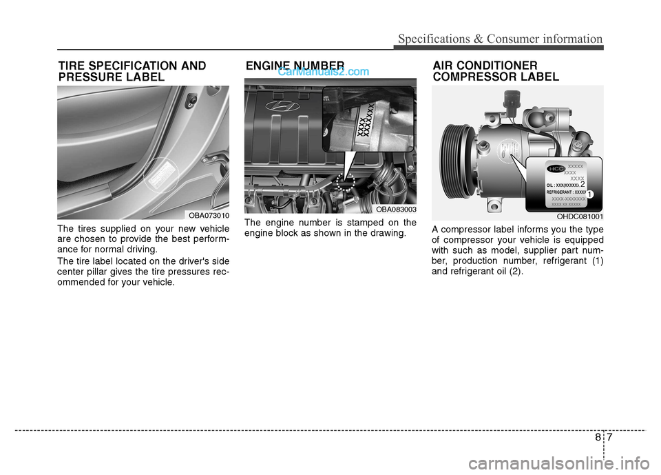 Hyundai Grand i10 2015 Owners Manual 87
Specifications & Consumer information
The tires supplied on your new vehicle
are chosen to provide the best perform-
ance for normal driving.
The tire label located on the drivers side
center p Hyundai Grand i10 2015 Owners Manual 87
Specifications & Consumer information
The tires supplied on your new vehicle
are chosen to provide the best perform-
ance for normal driving.
The tire label located on the drivers side
center p