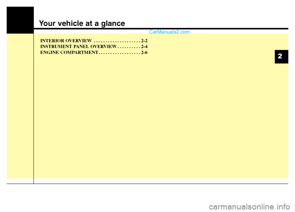 Hyundai Grand i10 2015  Owners Manual Your vehicle at a glance
INTERIOR OVERVIEW  . . . . . . . . . . . . . . . . . . . . 2-2 
INSTRUMENT PANEL OVERVIEW . . . . . . . . . . 2-4
ENGINE COMPARTMENT . . . . . . . . . . . . . . . . . . 2-6
2 