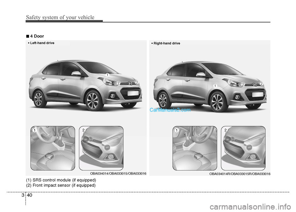 Hyundai Grand i10 2015 Owners Manual Safety system of your vehicle
40
3
12
OBA034014R/OBA033015R/OBA03301612 OBA034014/OBA033015/OBA033016
■
■
4 Door
• Right-hand drive
(1) SRS control module (if equipped)
(2) Front impact sens Hyundai Grand i10 2015 Owners Manual Safety system of your vehicle
40
3
12
OBA034014R/OBA033015R/OBA03301612 OBA034014/OBA033015/OBA033016
■
■
4 Door
• Right-hand drive
(1) SRS control module (if equipped)
(2) Front impact sens
