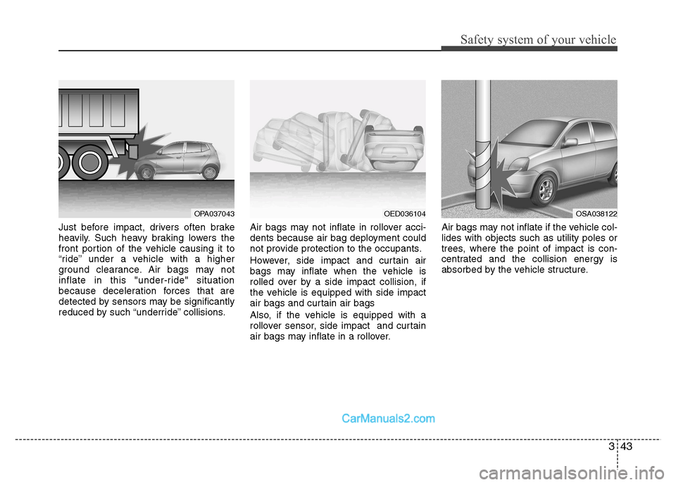 Hyundai Grand i10 2015  Owners Manual 343
Safety system of your vehicle
Just before impact, drivers often brake 
heavily. Such heavy braking lowers the
front portion of the vehicle causing it to
“ride” under a vehicle with a higher
gr