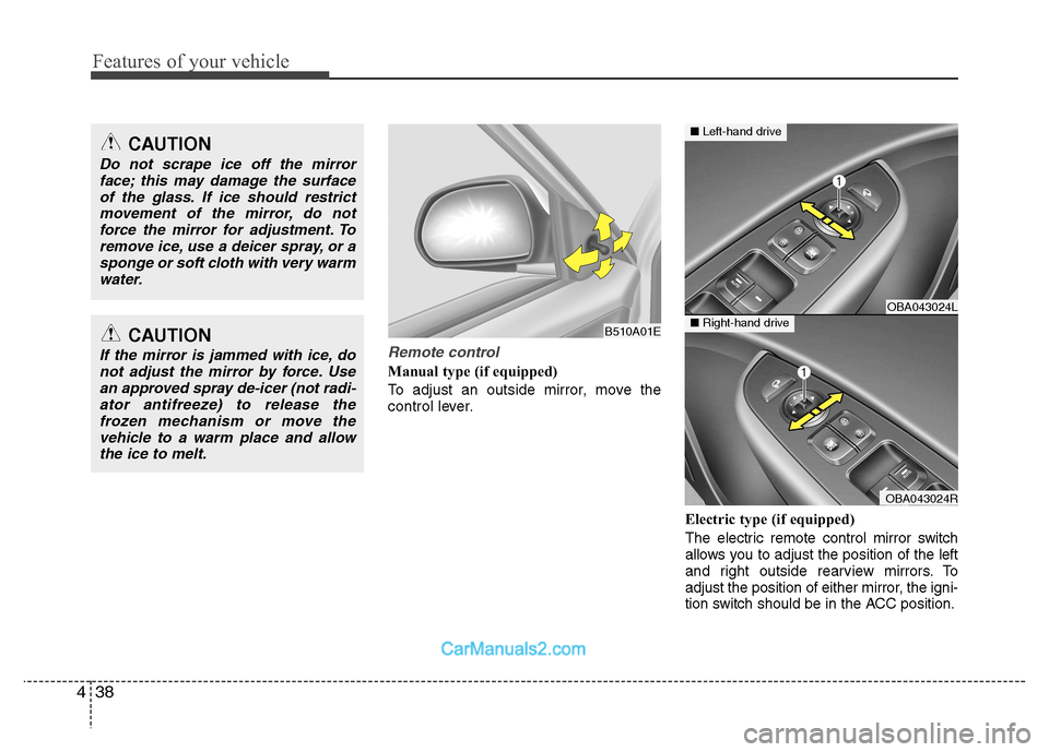 Hyundai Grand i10 2015  Owners Manual Features of your vehicle
38
4
Remote control
Manual type (if equipped) 
To adjust an outside mirror, move the 
control lever.
Electric type (if equipped) 
The electric remote control mirror switch 
al