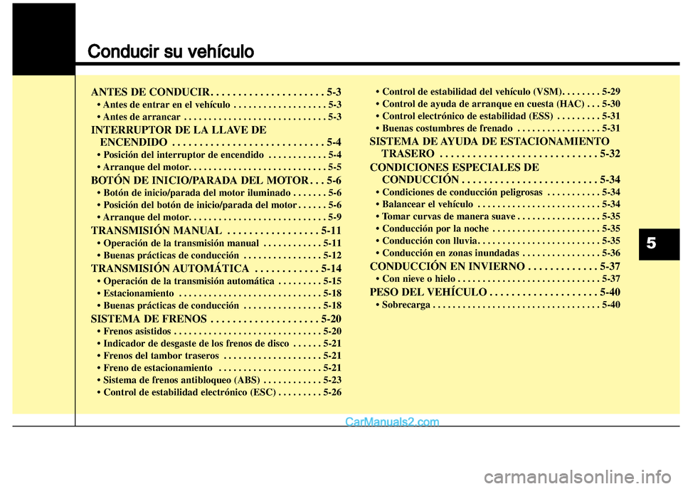 Hyundai Grand i10 2015  Manual del propietario (Xcent) (in Spanish) Conducir su vehículo  
ANTES DE CONDUCIR . . . . . . . . . . . . . . . . . . . . . 5-3
• Antes de entrar en el vehículo . . . . . . . . . . . . . . . . . . . 5-3
• Antes de arrancar . . . . . . 