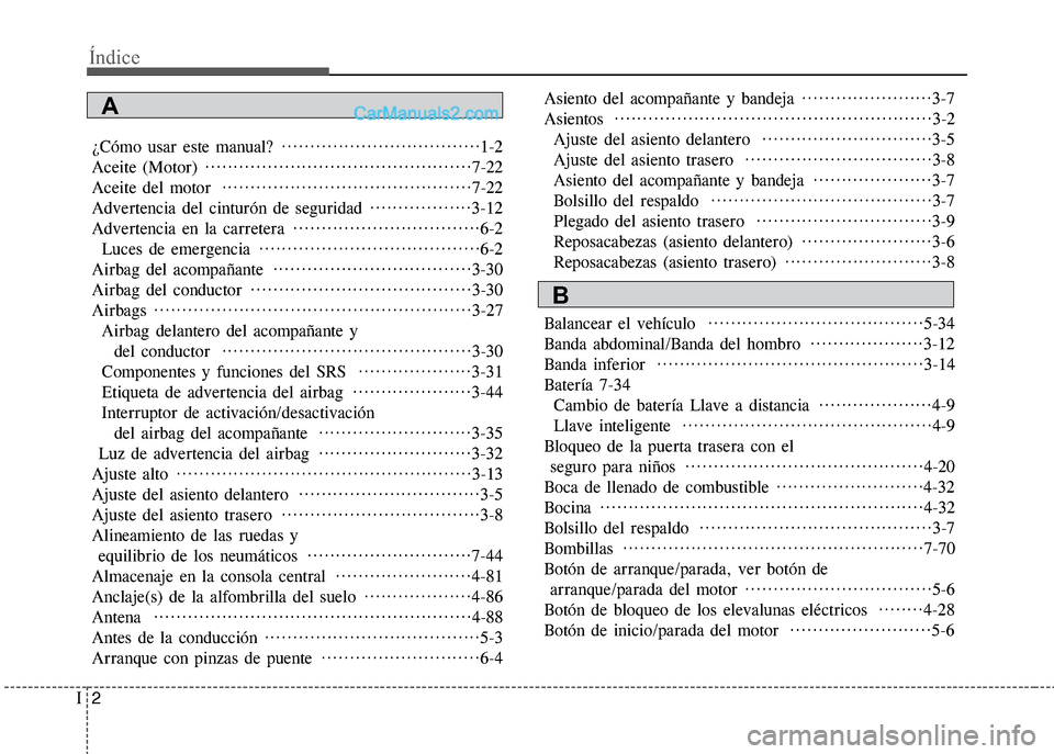 Hyundai Grand i10 2015  Manual del propietario (Xcent) (in Spanish) Índice
2I
¿Cómo usar este manual?  ···································1-2
Aceite (Motor) ····································