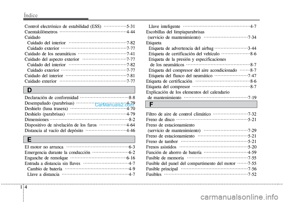 Hyundai Grand i10 2015  Manual del propietario (Xcent) (in Spanish) Índice
4I
Control electrónico de estabilidad (ESS)  ···············5-31
Cuentakilómetros ············································4-44
