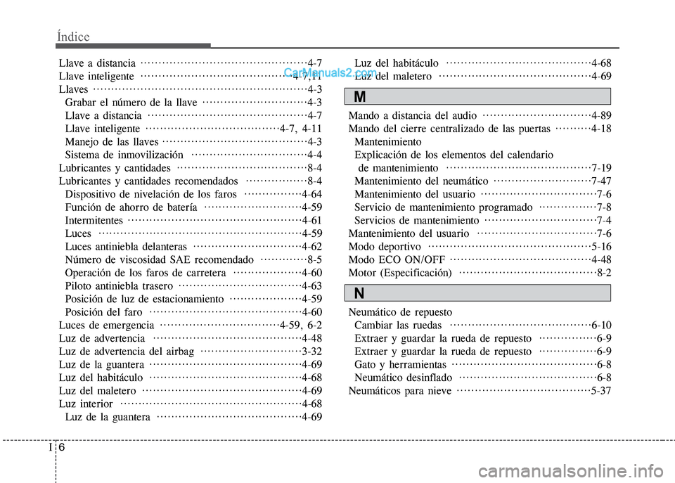 Hyundai Grand i10 2015  Manual del propietario (Xcent) (in Spanish) Índice
6I
Llave a distancia ··············································4-7
Llave inteligente  ····························