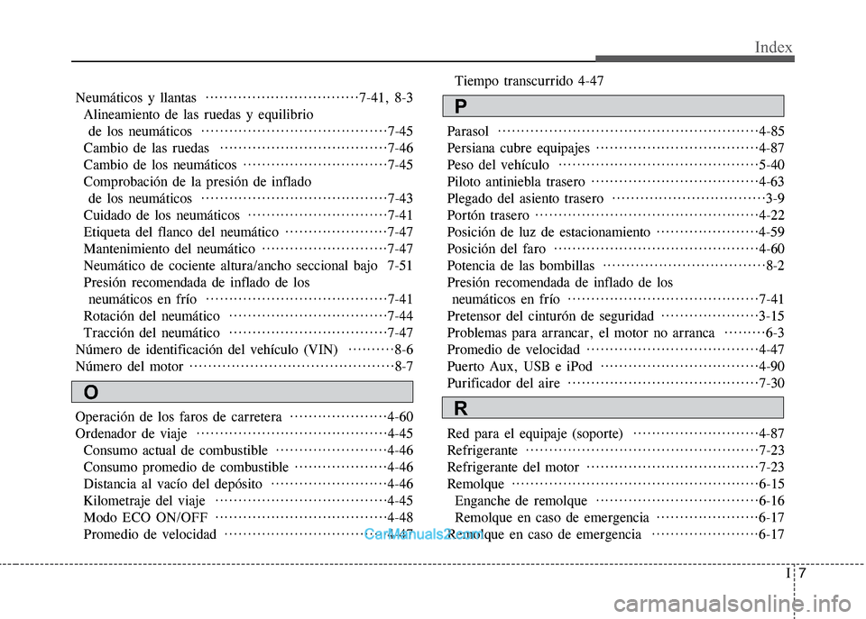 Hyundai Grand i10 2015  Manual del propietario (Xcent) (in Spanish) I7
Index
Neumáticos y llantas  ·································7-41, 8-3
Alineamiento de las ruedas y equilibrio 
de los neumáticos  ···············