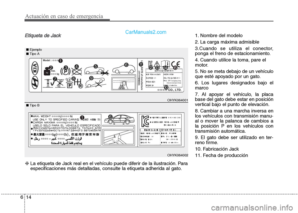 Hyundai Grand i10 2015  Manual del propietario (Xcent) (in Spanish) Actuación en caso de emergencia
14 6
Etiqueta de Jack1. Nombre del modelo 
2. La carga máxima admisible 
3.Cuando se utiliza el conector,
ponga el freno de estacionamiento. 
4. Cuando utilice la tom