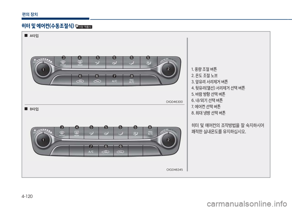 Hyundai Grandeur 2018  그랜저 IG - 사용 설명서 (in Korean) 4-120
편의보장치
히터 및 에어컨(수동조절	) 
1.보풍량보
