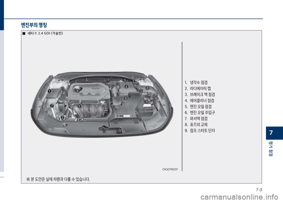 Hyundai Grandeur 2018  그랜저 IG - 사용 설명서 (in Korean) 7-3
정기 점검
7
엔진부의 명칭
1.보보 냉?