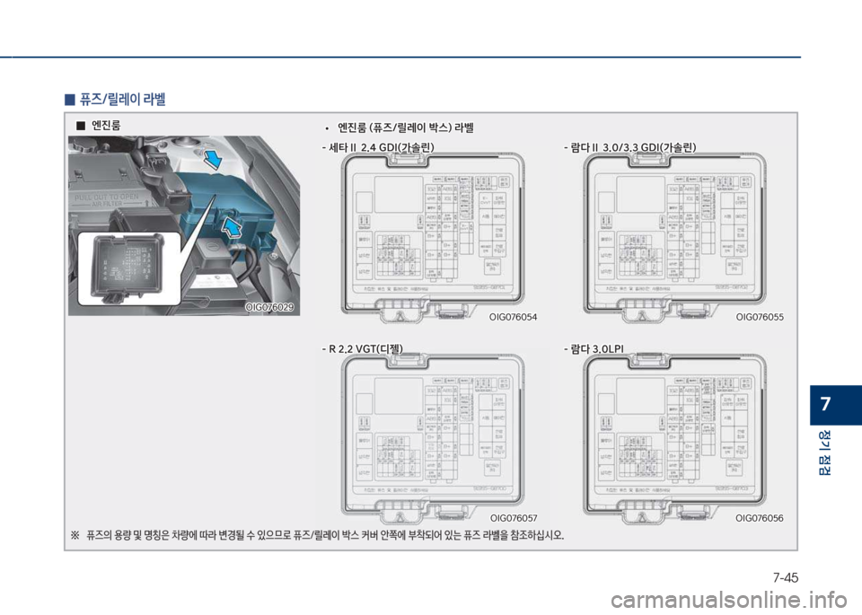Hyundai Grandeur 2018  그랜저 IG - 사용 설명서 (in Korean) 7-45
정기 점검
7
 
0 퓨즈호릴레이 라벨
차I찍혹7룩혹택태차I찍혹7룩혹택태
차I찍혹7룩혹택7
차I찍혹7룩혹택7
차I찍혹7룩혹택택
차I찍혹7룩혹택택
차I찍