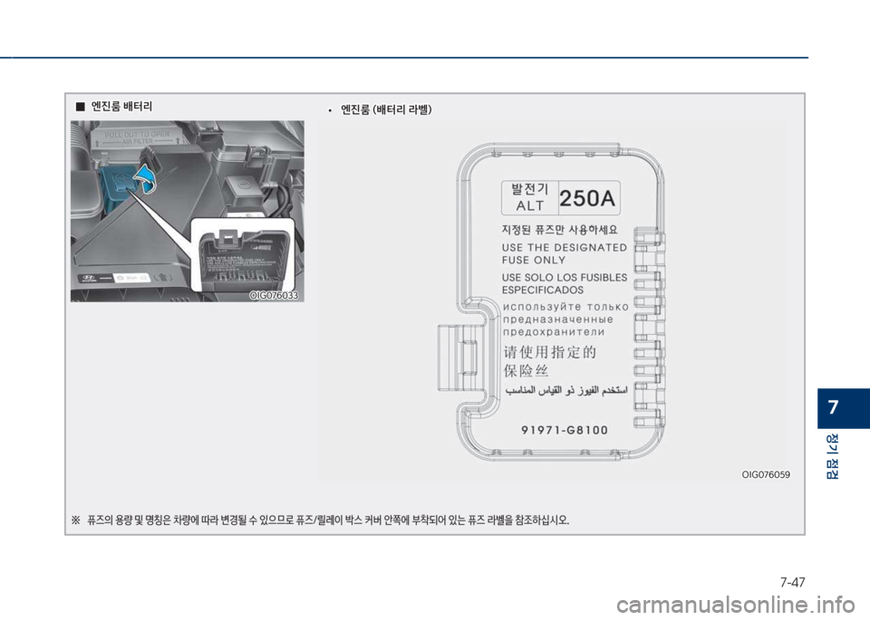 Hyundai Grandeur 2018  그랜저 IG - 사용 설명서 (in Korean) 7-47
정기 점검
7
  0
0엔진룸 배터리
엔진룸 배터리
차I찍혹7룩혹33
차I찍혹7룩혹33
좋보 퓨

