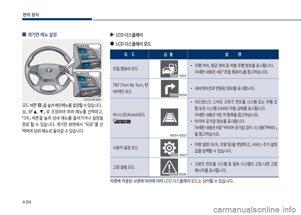 Hyundai Grandeur 2017  그랜저 IG - 사용 설명서 (in Korean) 4-84
편의보장치
보
0 계기판보메뉴보설정보
룞드보버튼점보접을보눌러보메인메뉴를보설
할보