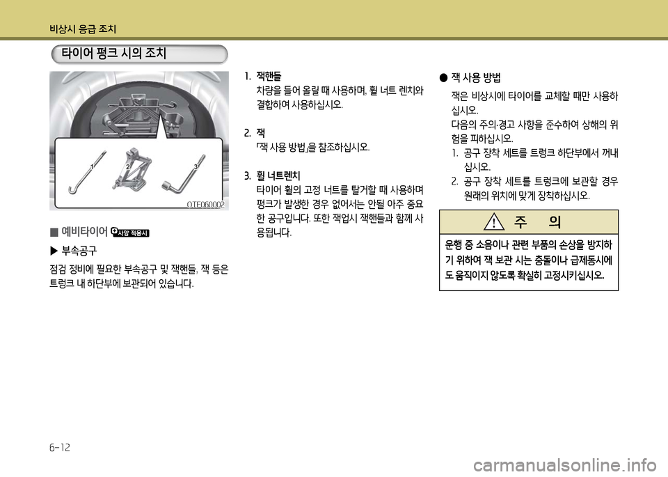 Hyundai Grandeur 2016  그랜저 HG - 사용 설명서 (in Korean) 비상시 응급 조치
6-12
1.  잭핸들 
 차량을 들어 올릴 때 사용하며, 휠 너트 렌치와 
결합하여 사용하십시오.
2.  잭
 「잭 사용 방법」을 참조하십시오.
3.