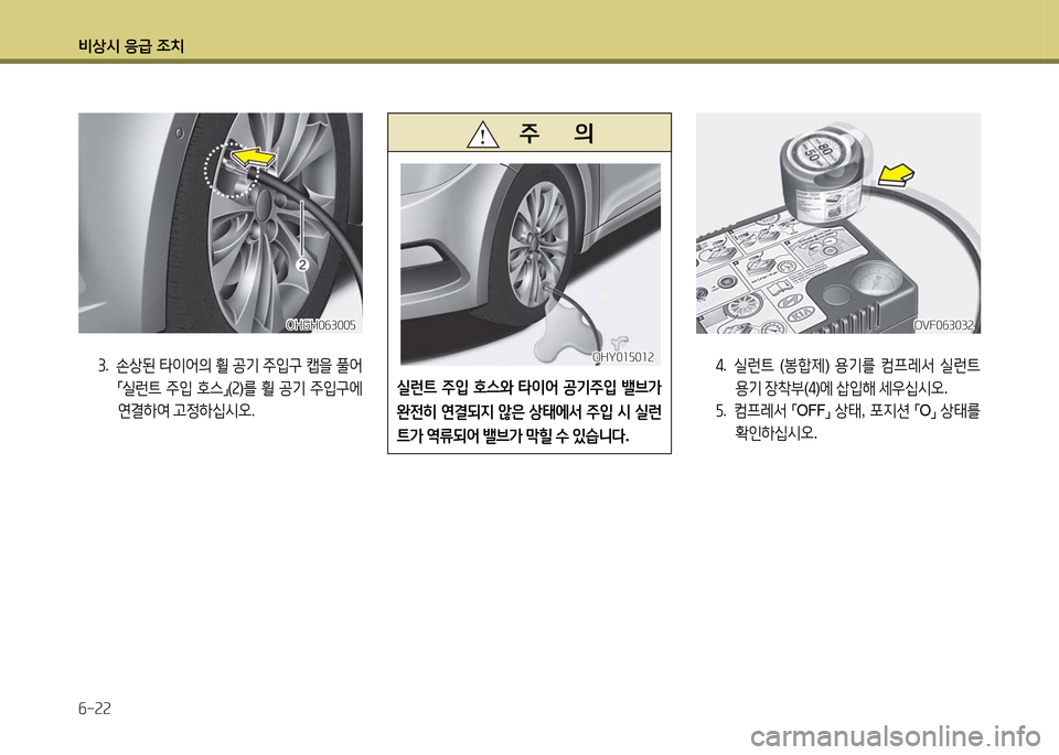Hyundai Grandeur 2016  그랜저 HG - 사용 설명서 (in Korean) 비상시 응급 조치
6-22
OHGH063005OHGH063005OVF063032OVF063032
3. 손상된 타이어의 휠 공기 주입구 캡을 풀어 
「실런트 주입 호스」(2)를 휠 공기 주입구에 
연결하