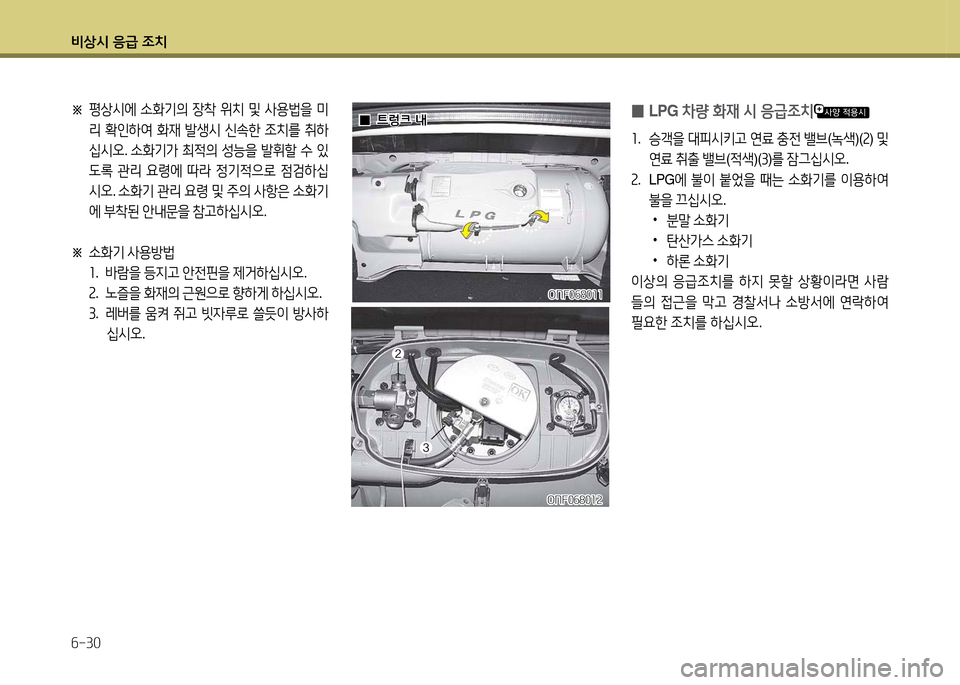 Hyundai Grandeur 2016  그랜저 HG - 사용 설명서 (in Korean) 비상시 응급 조치
6-30
 0LPG 차량 화재 시 응급조치 
1. 승객을 대피시키고 연료 충전 밸브(녹색)(2) 및 
연료 취출 밸브(적색)(3)를 잠그십시오.
2.  L P G에 