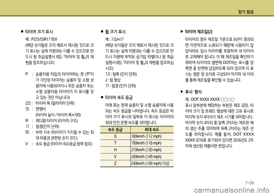 Hyundai Grandeur 2016  그랜저 HG - 사용 설명서 (in Korean) 정기 점검
7-59
 ●휠 크기 표시
 예 : 7.0J×17
 (해당 숫자들은 오직 예로서 제시된 것으로 크
기 표시는 실제 차량과는 다를 수 있으므로 반
드시 차량에 