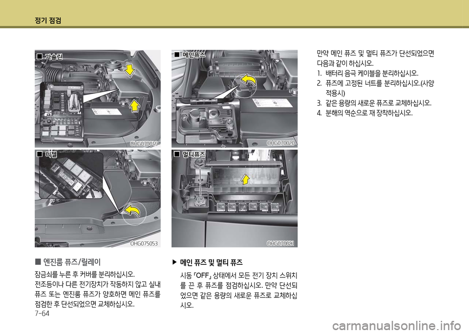 Hyundai Grandeur 2016  그랜저 HG - 사용 설명서 (in Korean) 정기 점검
7-64
 0엔진룸 퓨즈/릴레이
잠금쇠를 누른 후 커버를 분리하십시오.
전조등이나 다른 전기장치가 작동하지 않고 실내 
퓨즈 또는 엔진룸 퓨즈