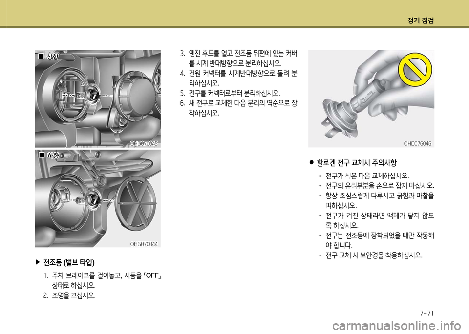 Hyundai Grandeur 2016  그랜저 HG - 사용 설명서 (in Korean) 정기 점검
7-71
 ●할로겐 전구 교체시 주의사항
 •전구가 식은 다음 교체하십시오.
 •전구의 유리부분을 손으로 잡지 마십시오.
 • 항상 조심스럽게 