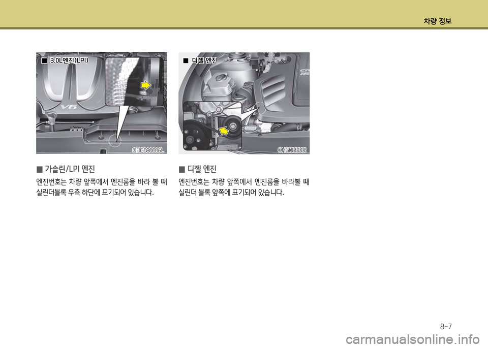 Hyundai Grandeur 2016  그랜저 HG - 사용 설명서 (in Korean) 차량 정보
8-7
OHG088008OHG088008OHG080006LOHG080006L
 0가솔린/LPI 엔진
엔진번호는 차량 앞쪽에서 엔진룸을 바라 볼 때 
실린더블록 우측 하단에 표기되어 있습